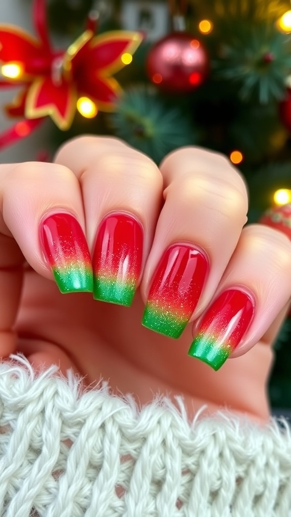 Short ombre nails in red and green for Christmas, with a glossy finish and glitter accents.